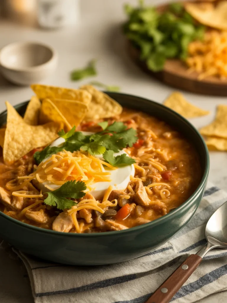 Bowl of creamy white chicken chili topped with sour cream, shredded cheese, cilantro, and tortilla chips.