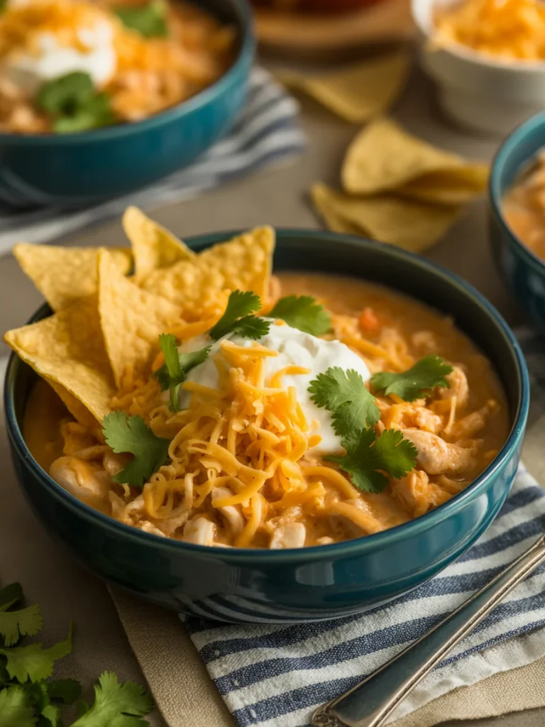 Bowl of creamy white chicken chili topped with shredded cheese, sour cream, and cilantro.
