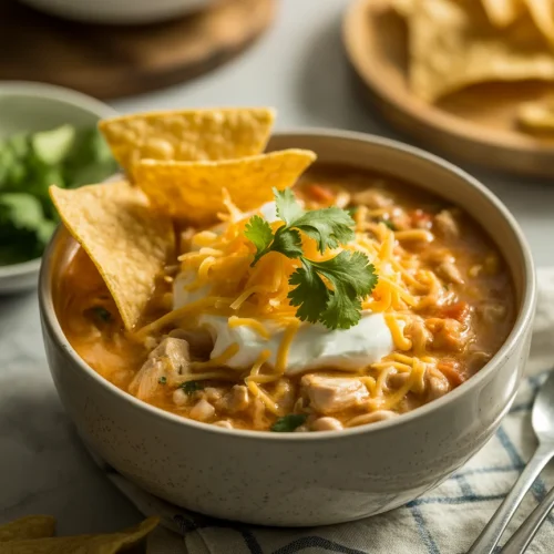 Bowl of creamy white chicken chili topped with sour cream, shredded cheese, cilantro, and tortilla chips.