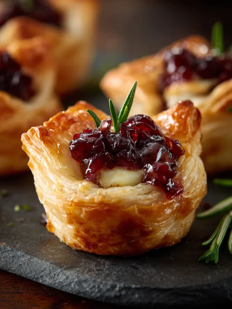 Cranberry brie bites in flaky puff pastry cups filled with melted brie and cranberry sauce, garnished with rosemary