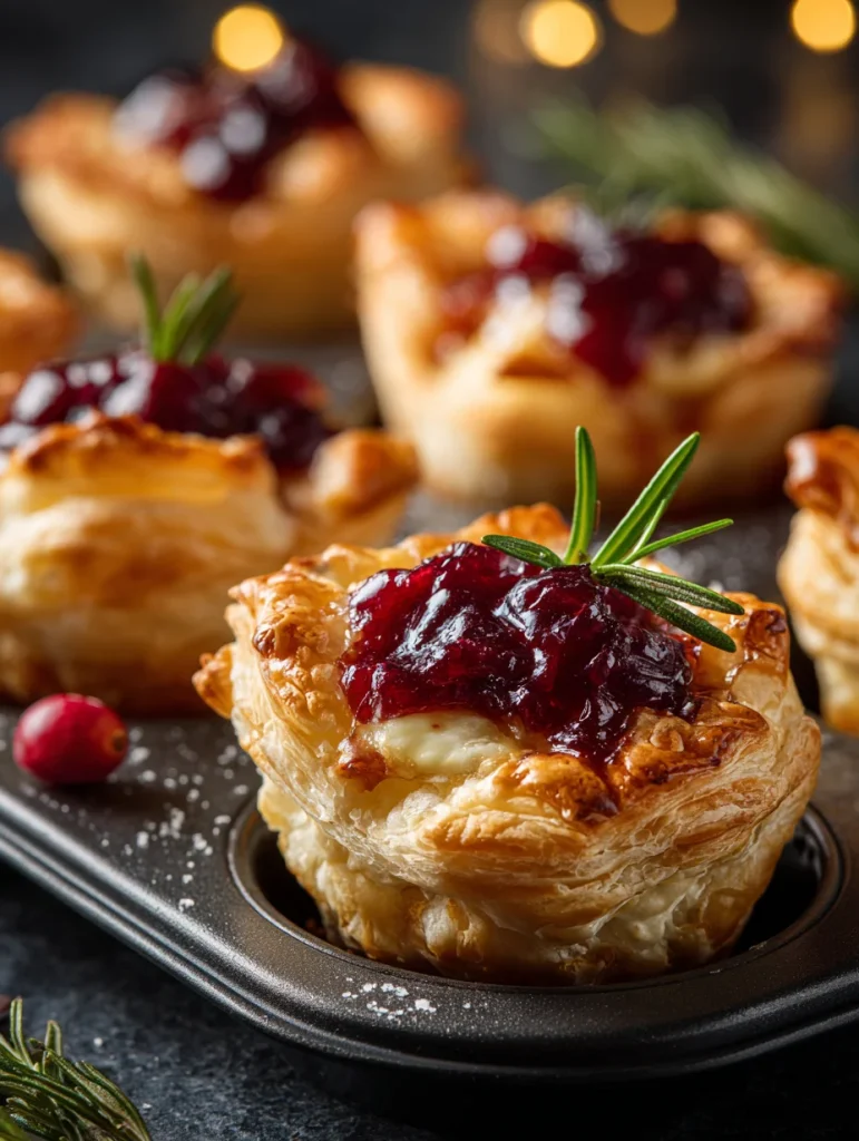 Cranberry brie bites baked in puff pastry cups with melted brie cheese and cranberry sauce, garnished with fresh rosemary