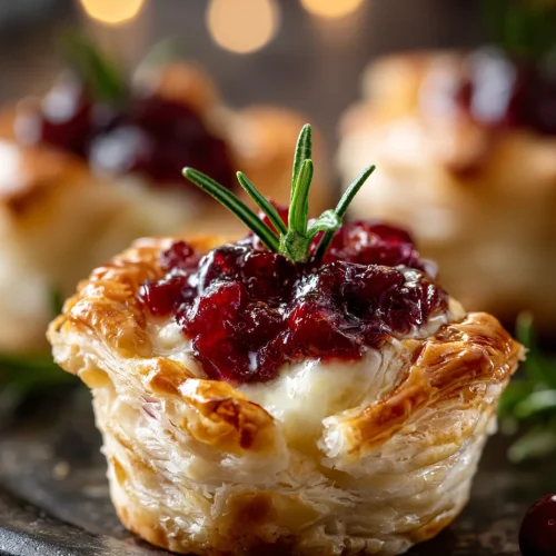 Cranberry brie bites made with flaky puff pastry, melted brie cheese, and cranberry sauce, topped with fresh rosemary