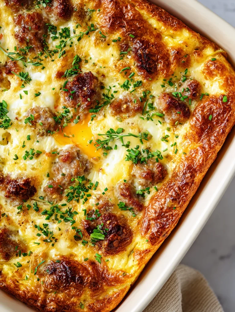 Gluten-free breakfast casserole topped with browned sausage, melted cheese, and fresh herbs