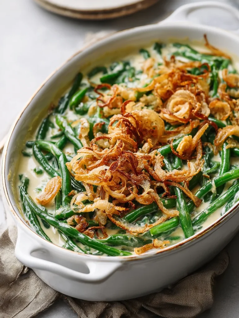 Creamy Ina Garten green bean casserole topped with golden crispy onions in a white baking dish