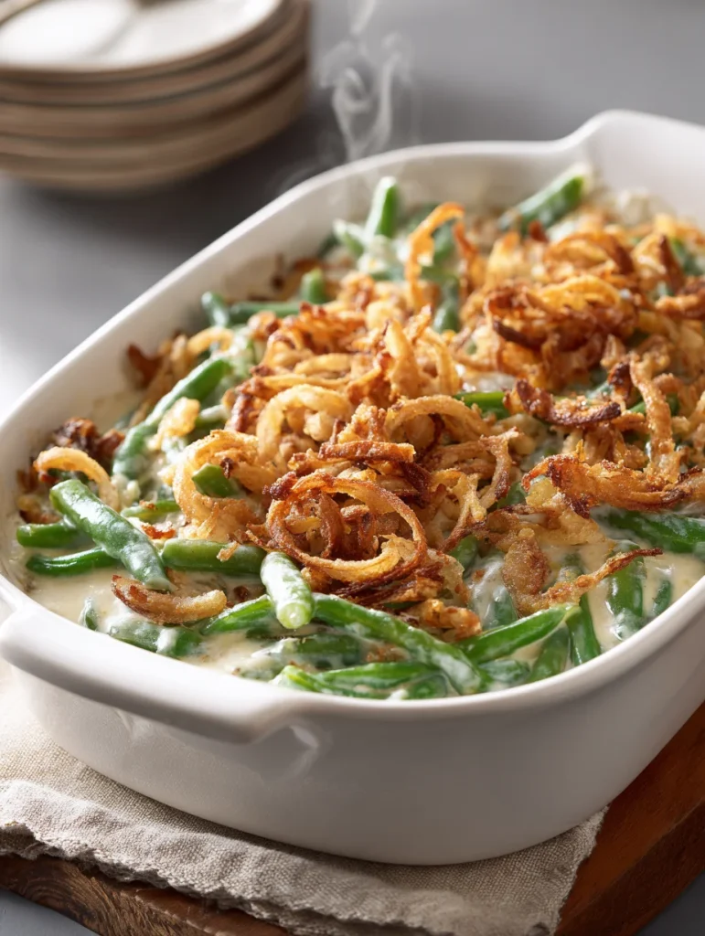 Warm Ina Garten green bean casserole with crispy fried onions in a white baking dish