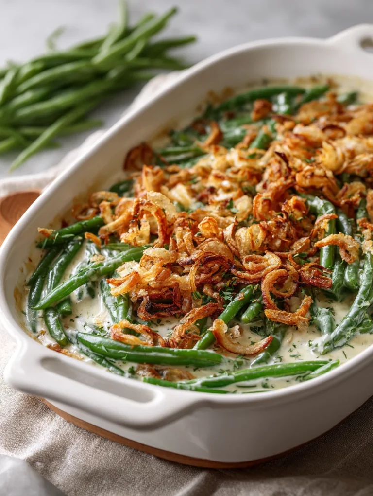 Homemade Ina Garten green bean casserole topped with crispy fried onions in a white baking dish