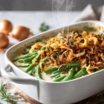 Steaming Ina Garten green bean casserole topped with crispy onions in a white baking dish