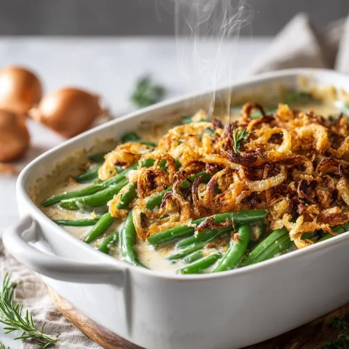 Steaming Ina Garten green bean casserole topped with crispy onions in a white baking dish
