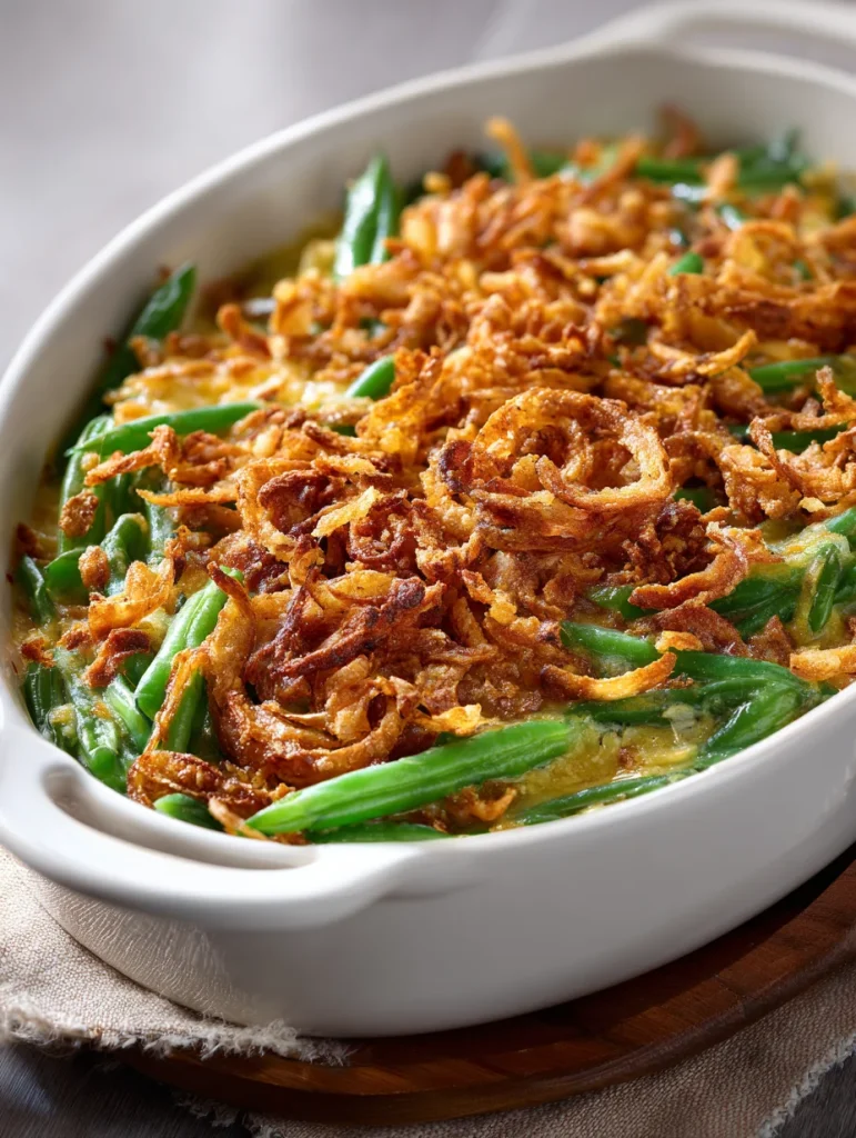 Fresh Southern green bean casserole topped with crispy fried onions in a white baking dish