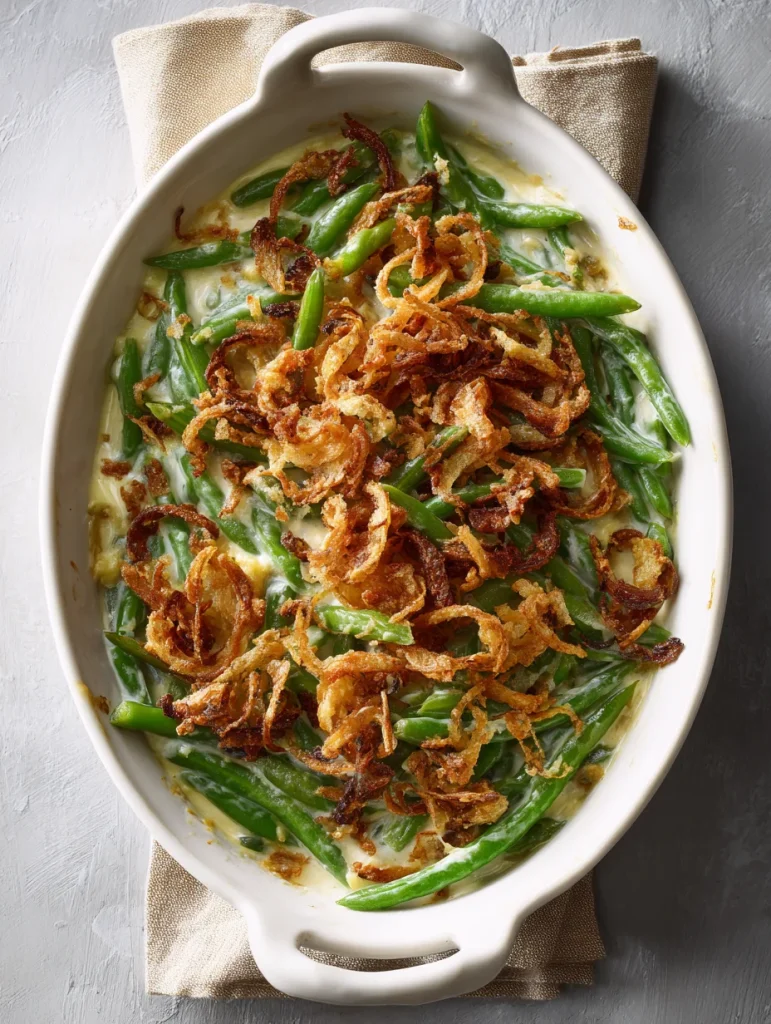 Homemade green bean casserole topped with crispy fried onions in a white baking dish