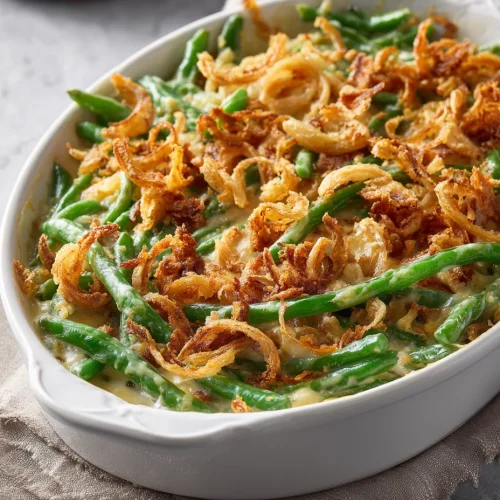 Southern green bean casserole topped with crispy fried onions in a white baking dish