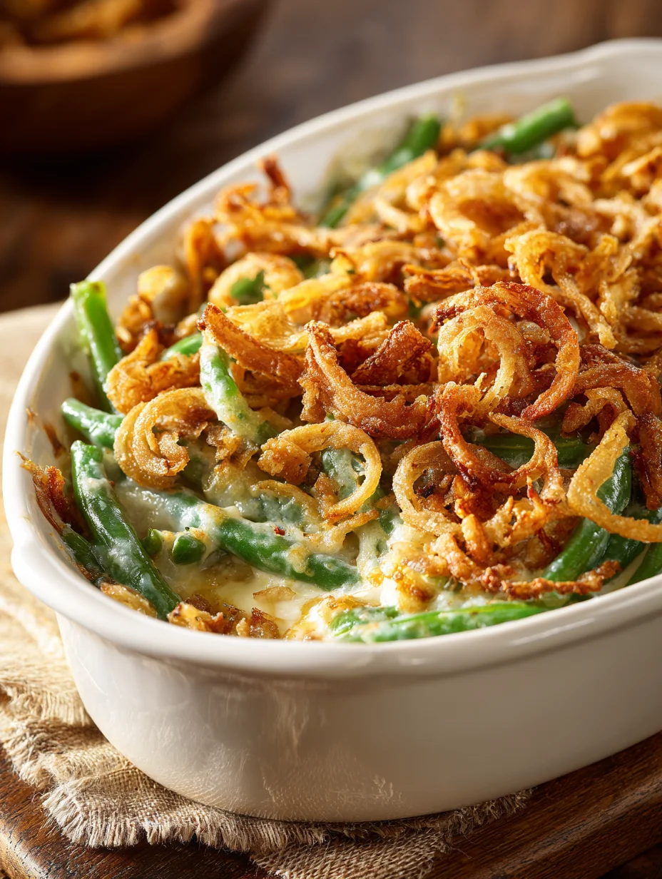 Southern green bean casserole topped with crispy fried onions in a white baking dish