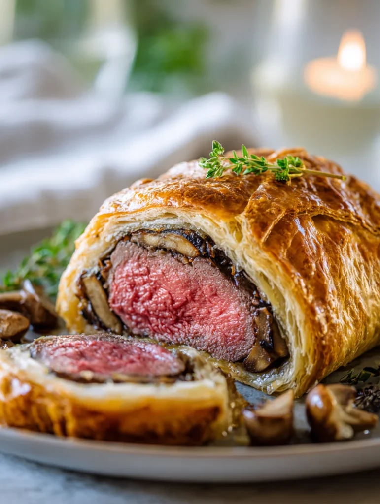 Beef Wellington with flaky pastry and medium-rare beef center