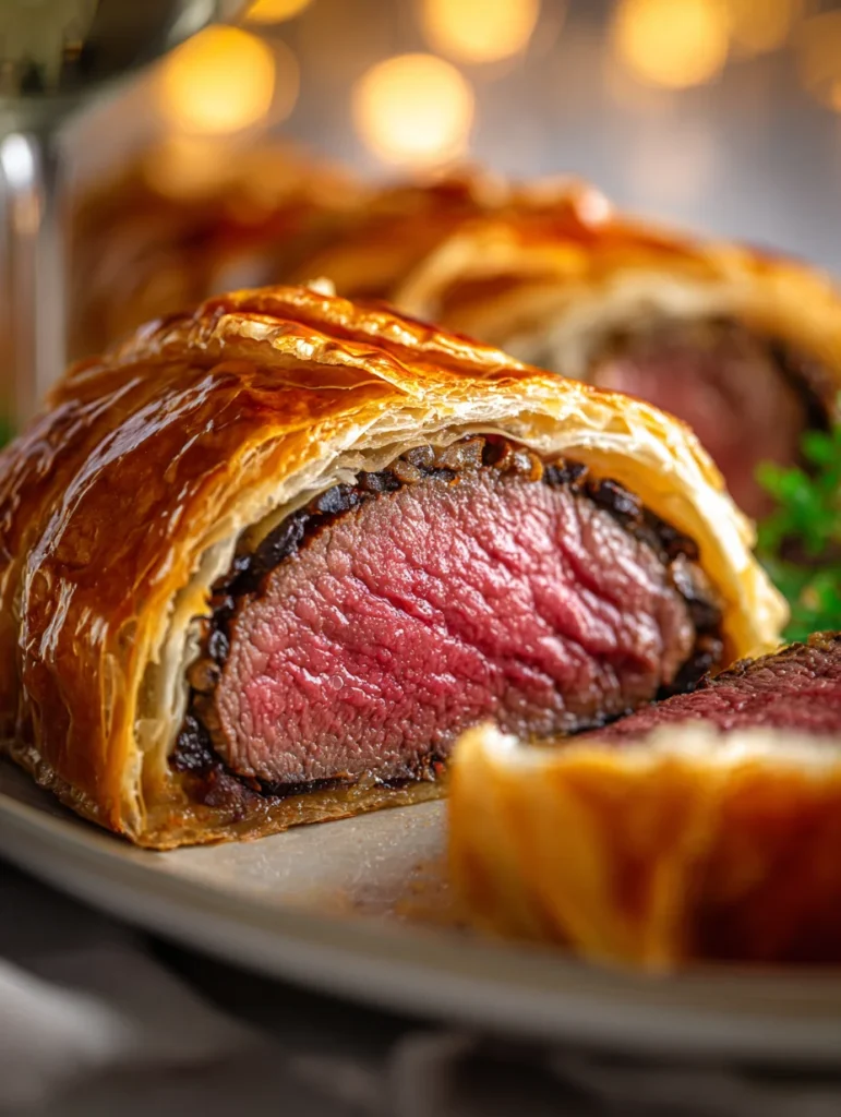 Sliced Beef Wellington showing medium-rare beef wrapped in puff pastry