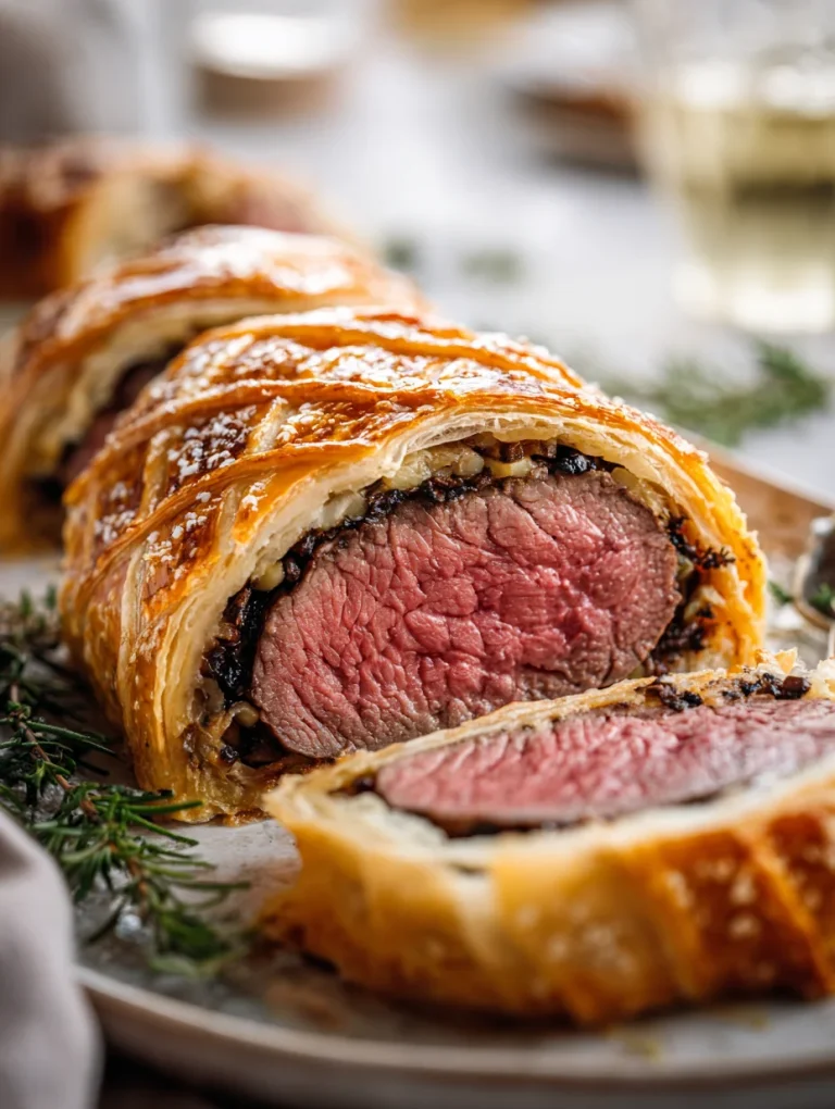 Beef Wellington sliced to show medium-rare beef wrapped in pastry