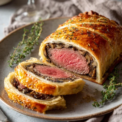 Beef Wellington sliced on plate with golden puff pastry and mushroom filling