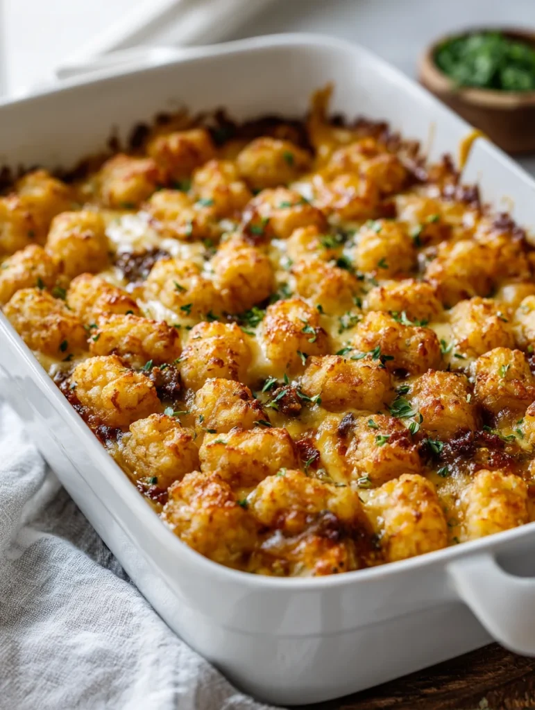 Cheesy breakfast tater tot casserole baked until crisp and golden in a white dish