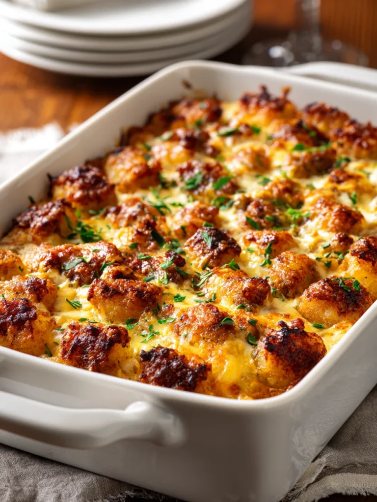 Golden breakfast tater tot casserole topped with melted cheese, sausage, and herbs in a white baking dish