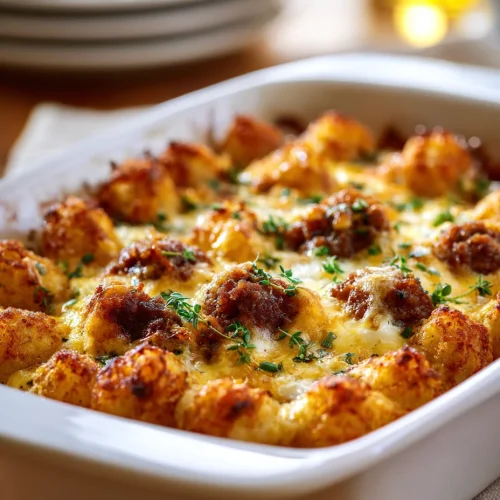 Cheesy breakfast tater tot casserole with sausage and herbs baked in a white dish