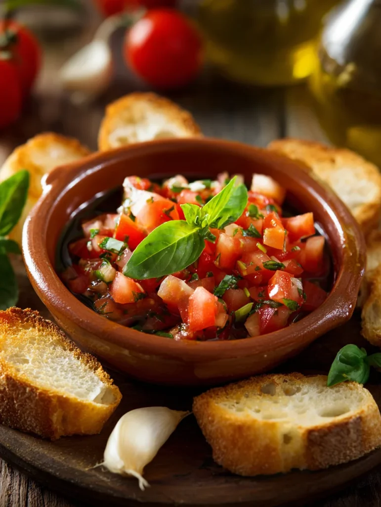 Bruschetta dip made with diced tomatoes, fresh basil, garlic, and olive oil served with toasted baguette slices