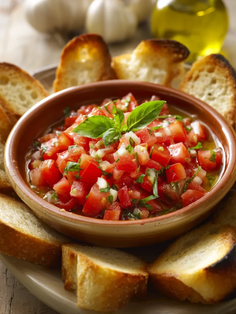 Classic bruschetta dip with diced tomatoes, basil, garlic, and olive oil served with toasted bread slices