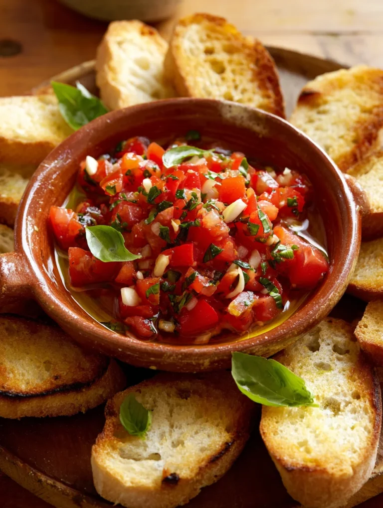 Bruschetta dip with fresh tomatoes, basil, garlic, and olive oil served with toasted bread