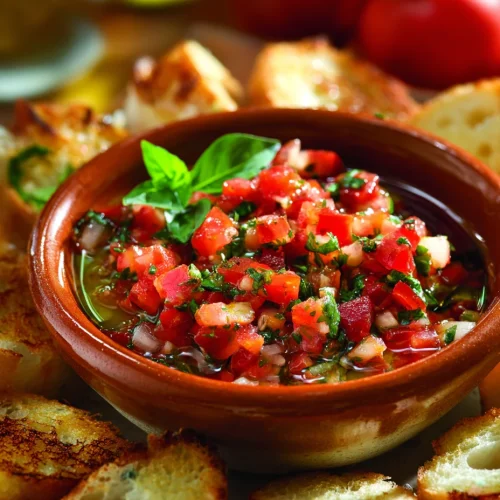 Fresh bruschetta dip with chopped tomatoes, basil, garlic, and olive oil served with toasted baguette slices