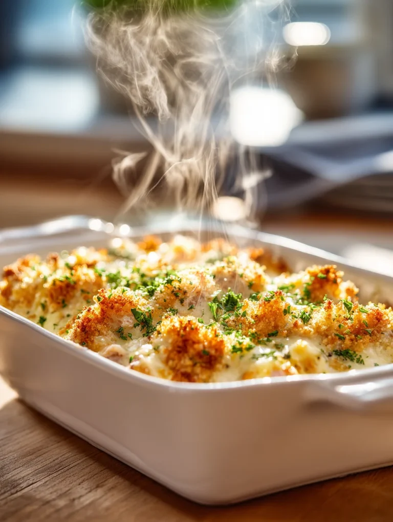 Steaming chicken cordon bleu casserole with melted cheese and crispy breadcrumb topping