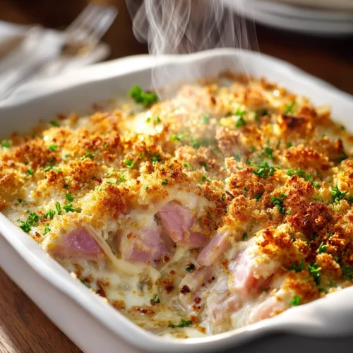 Creamy chicken cordon bleu casserole with ham, melted cheese, and golden breadcrumb topping