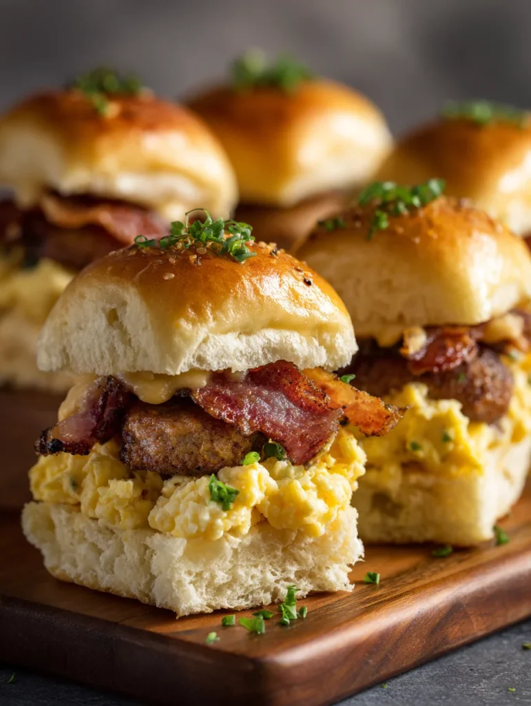 Cowboy breakfast sliders with scrambled eggs, sausage patty, crispy bacon, and soft slider buns