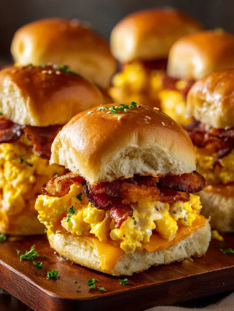 Cowboy breakfast sliders with scrambled eggs, melted cheddar cheese, and crispy bacon on soft buns