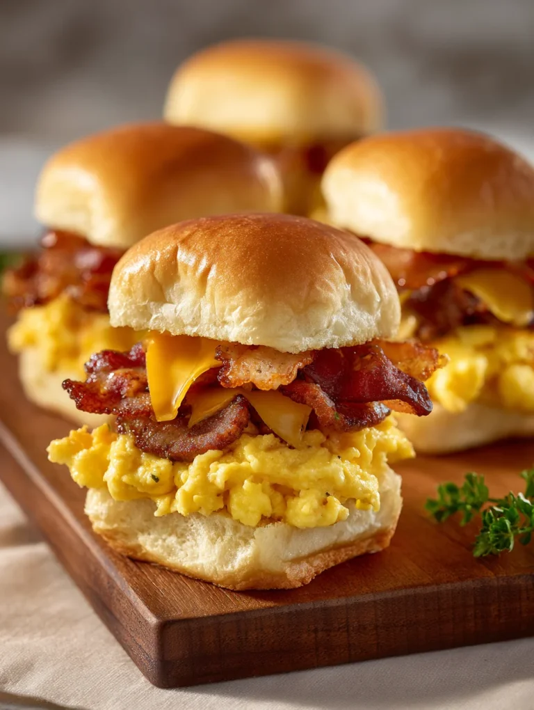 Cowboy breakfast sliders with scrambled eggs, crispy bacon, melted cheese, and soft buns