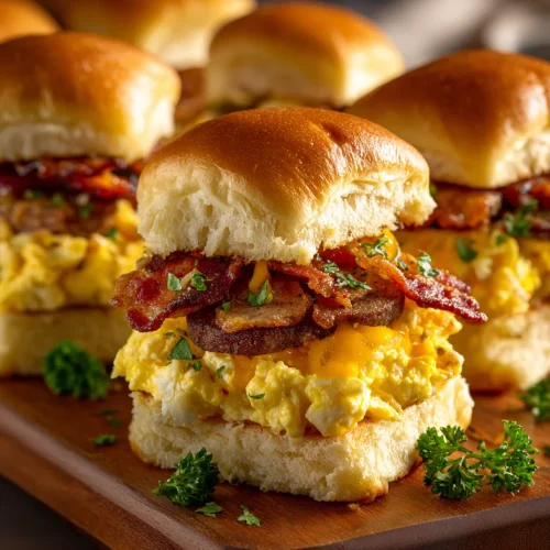 Cowboy breakfast sliders with fluffy scrambled eggs, crispy bacon, and melted cheese on soft brioche buns