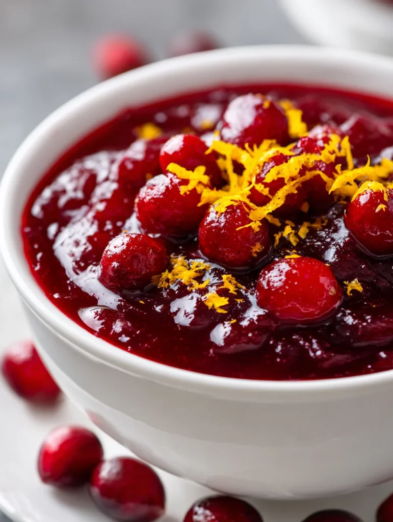 Cranberry orange sauce topped with fresh cranberries and orange zest