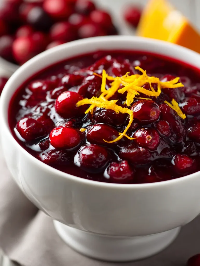 Cranberry orange sauce with whole cranberries and fresh orange zest in a white bowl