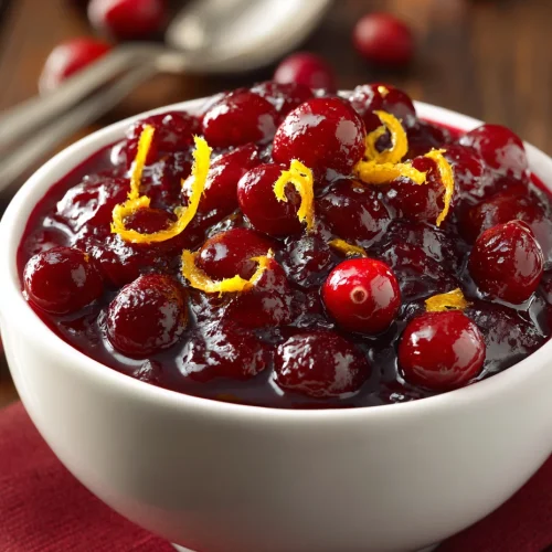 Homemade cranberry orange sauce with whole cranberries and orange zest in a white bowl