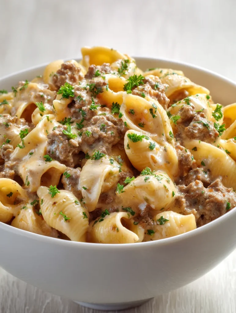 Creamy beef and shell pasta in a white bowl garnished with parsley