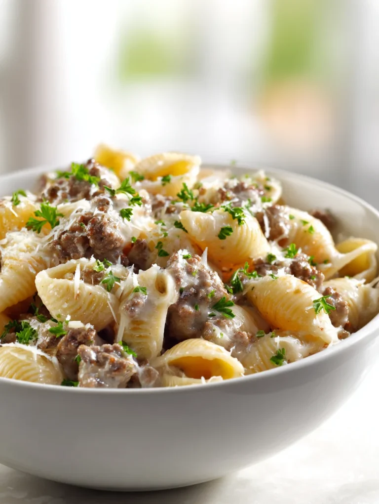 Creamy beef and shells pasta topped with Parmesan and fresh parsley
