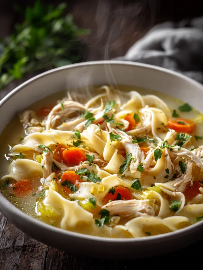 Warm bowl of creamy chicken noodle soup with shredded chicken, egg noodles, carrots, and fresh herbs