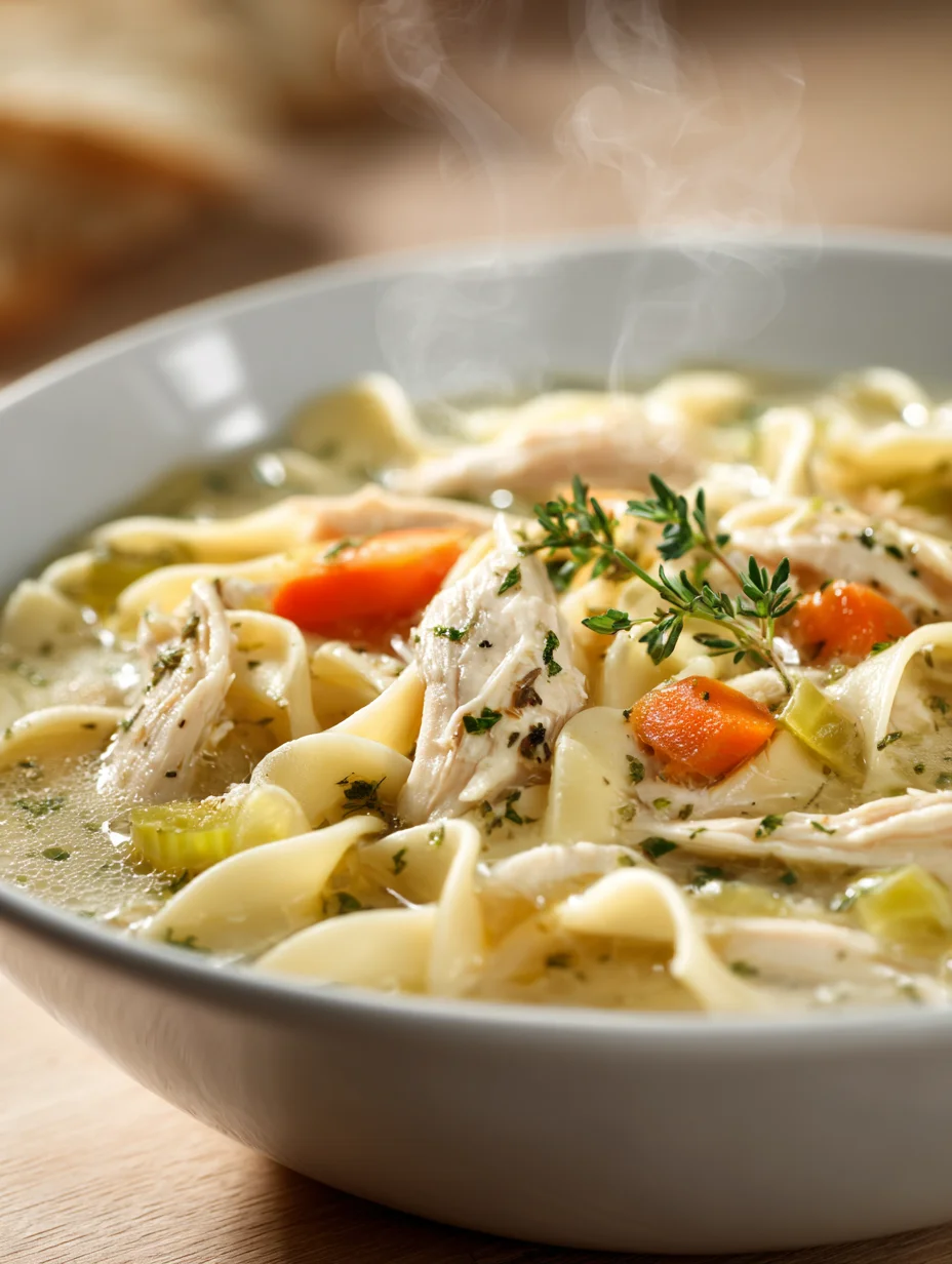 Bowl of creamy chicken noodle soup with carrots, celery, egg noodles, and fresh herbs