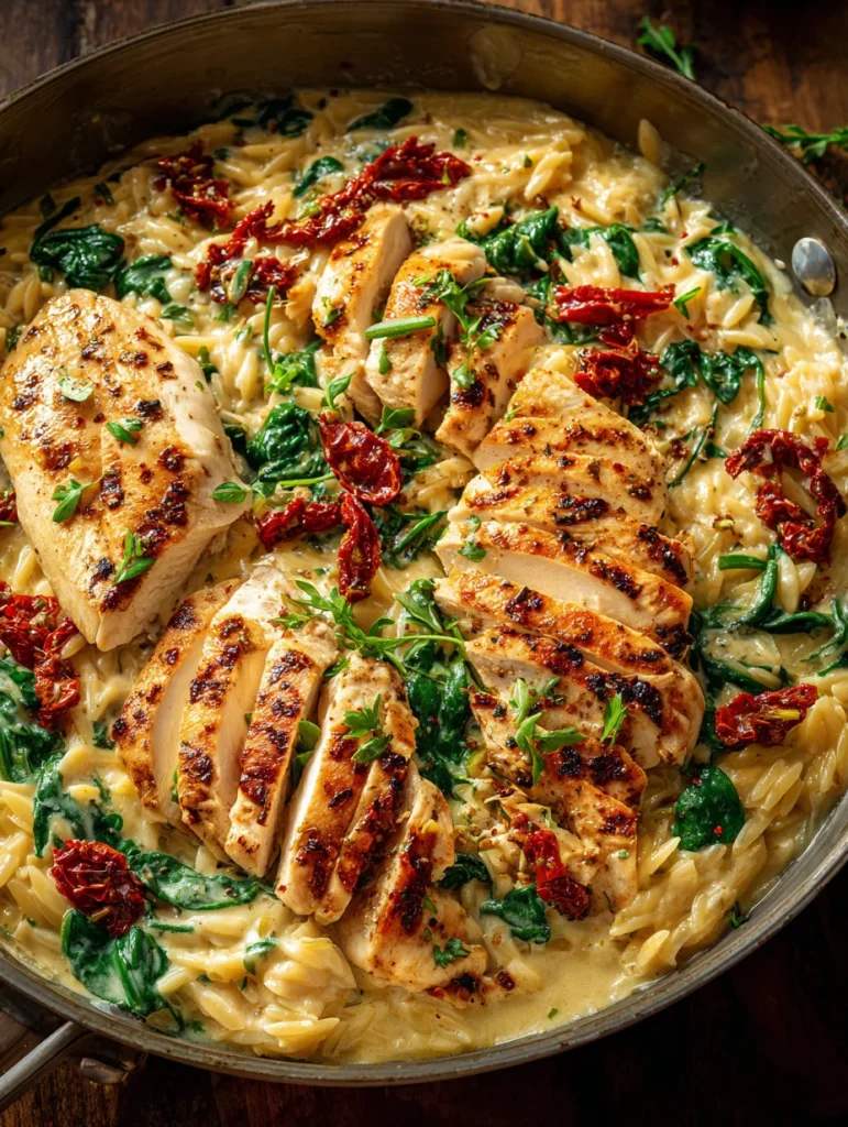 Creamy Tuscan chicken orzo with seared sliced chicken, spinach, sun-dried tomatoes, and parmesan cream sauce in a skillet