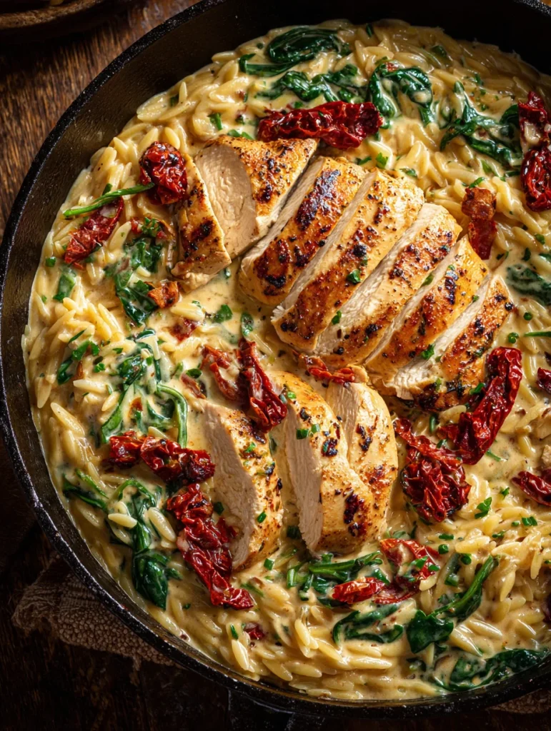 Creamy Tuscan chicken orzo with sliced seared chicken, spinach, sun-dried tomatoes, and parmesan cream sauce in a cast iron skillet