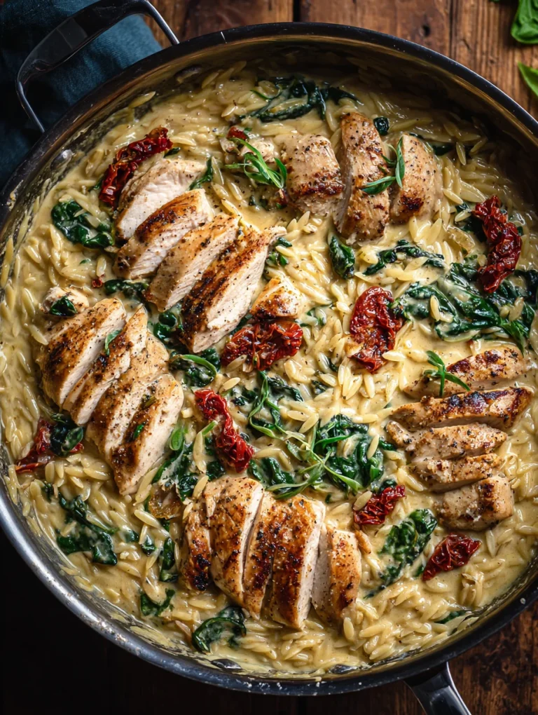 Creamy Tuscan chicken orzo with seared sliced chicken, spinach, sun-dried tomatoes, and a rich parmesan sauce in a skillet