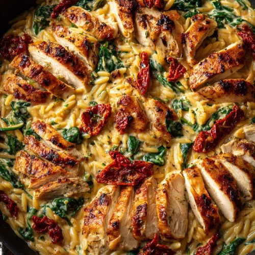 Creamy Tuscan chicken orzo with golden seared chicken slices, spinach, and sun-dried tomatoes in a parmesan cream sauce