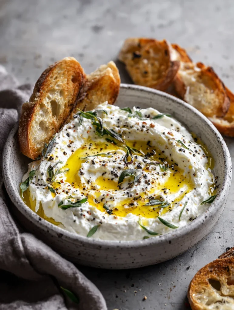 Creamy whipped ricotta dip drizzled with olive oil, herbs, and cracked pepper served with toasted bread
