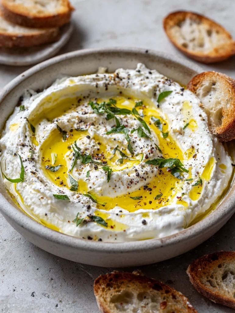 Whipped ricotta dip with olive oil swirl, fresh herbs, and cracked pepper served with crostini