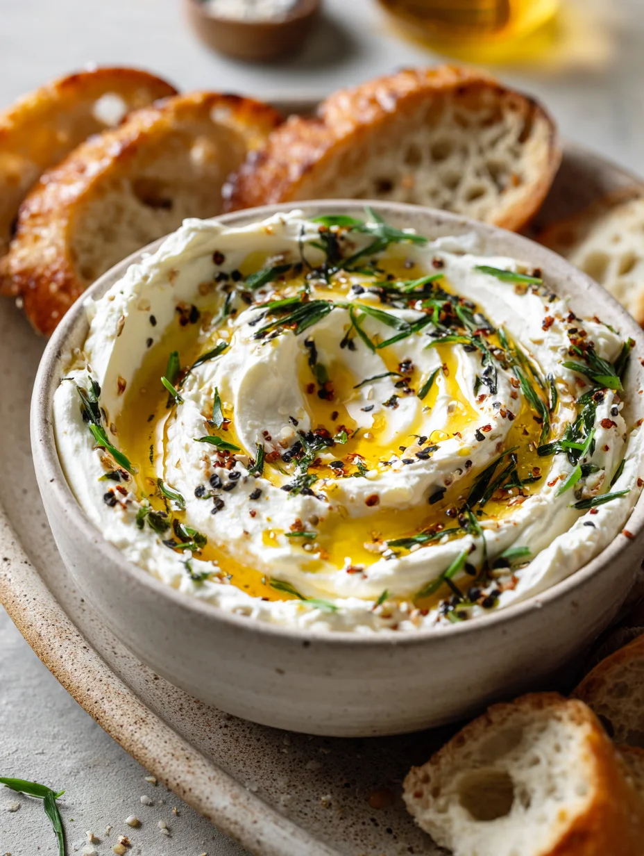 Whipped ricotta dip with hot honey, olive oil, herbs, and toasted bread slices