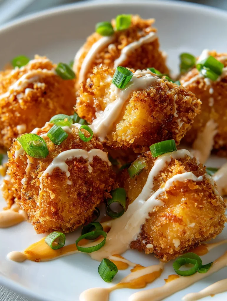 Crispy bang bang chicken bites topped with creamy sauce and fresh green onions on a plate