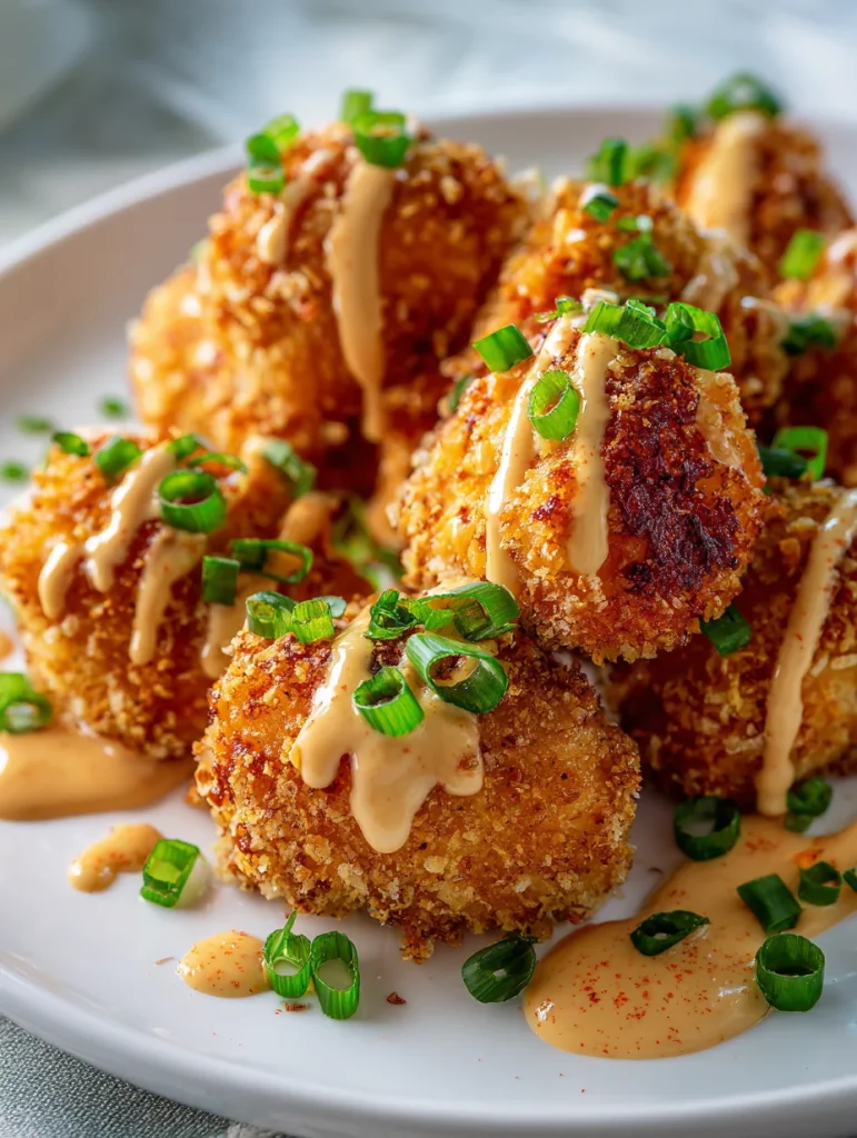 Golden crispy bang bang chicken pieces topped with creamy sauce and chopped green onions on a white plate