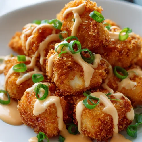 Crispy bang bang chicken bites drizzled with creamy sauce and topped with sliced green onions on a white plate